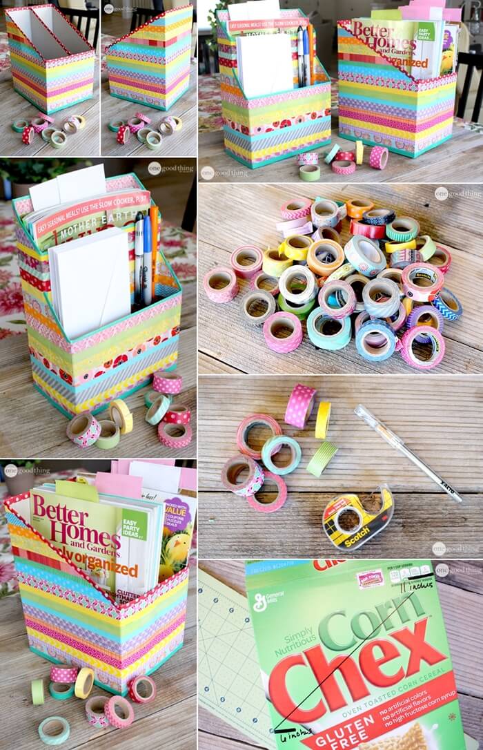 DIY Washi Tape Cereal Box Organizers  Washi tape diy, Diy washi, Cereal box  organizer